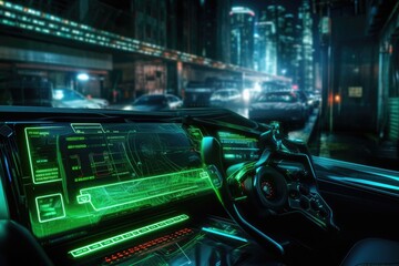  Modern car interior with glowing green neon lights

