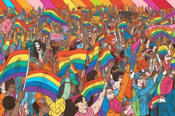 People with rainbow flag on pride parade