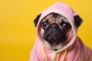 Portrait young pug dog dressed in pink hood isolated on pastel flat yellow background with copy space, banner template. Generative AI professional photo imitation.