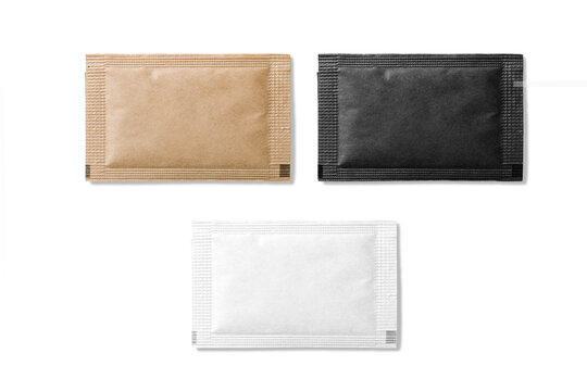 Set of various sugar packet isolated on a transparent background, PNG. High resolution.