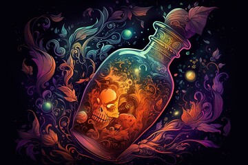 Spellbinding potion in glass vial, swirling with vibrant colors and releasing sparkling tendrils of magic, super details Generative AI