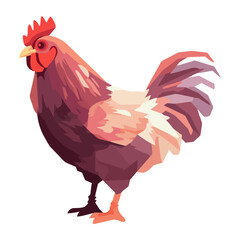 Crowing rooster stands on grass in farm