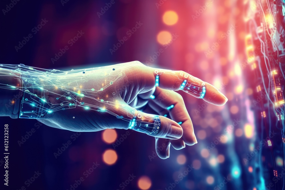 Poster artificial intelligence robotic hand touching futuristic big data. ai generative.