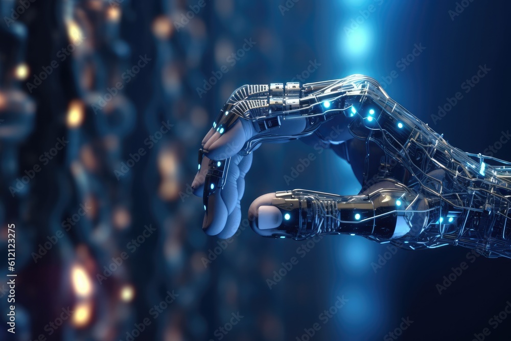 Poster artificial intelligence robotic hand touching futuristic big data. ai generative.