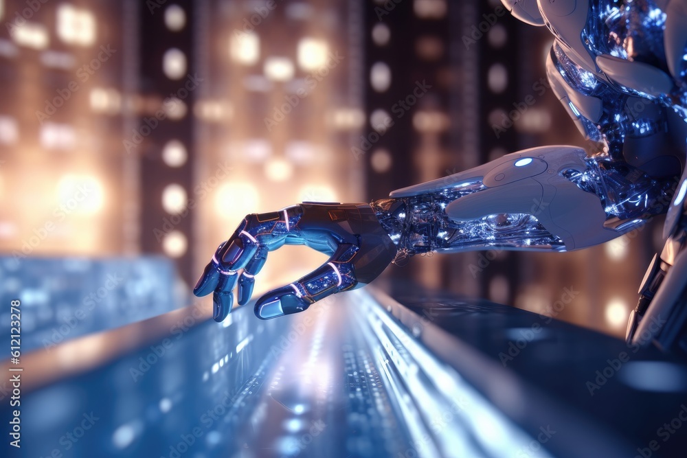 Poster artificial intelligence robotic hand touching futuristic big data. ai generative.