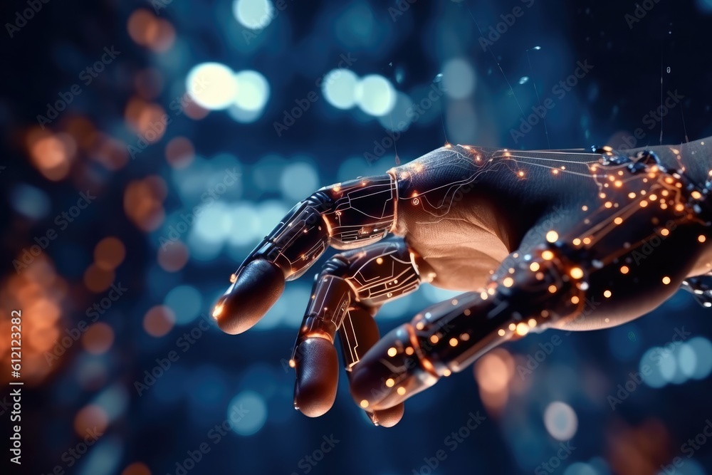 Poster artificial intelligence robotic hand touching futuristic big data. ai generative.