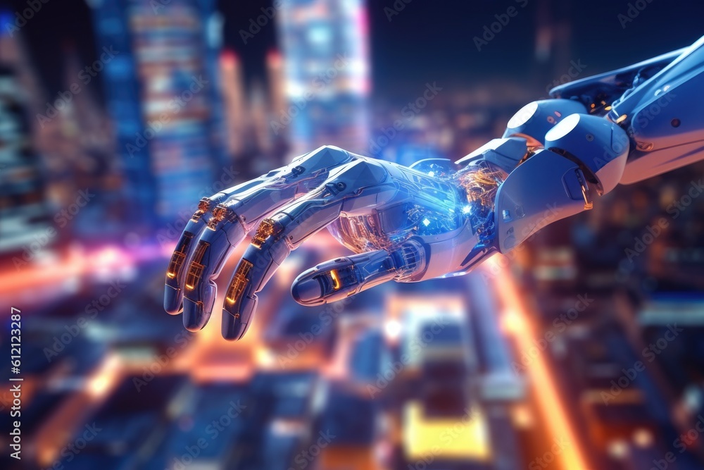 Poster artificial intelligence robotic hand touching futuristic big data. ai generative.