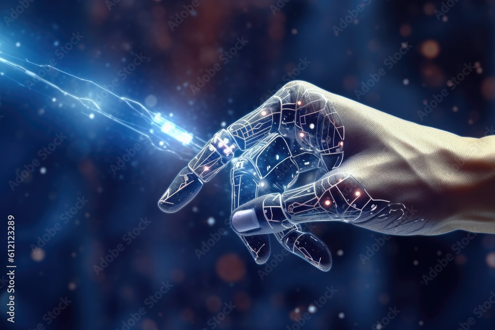 Poster artificial intelligence robotic hand touching futuristic big data. ai generative.