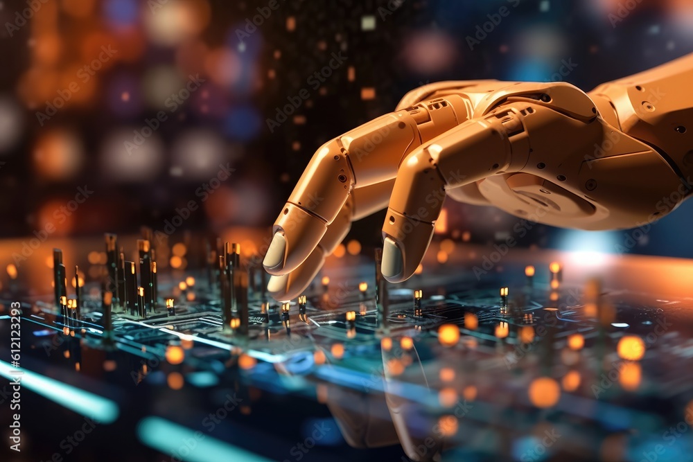 Poster artificial intelligence robotic hand touching futuristic big data. ai generative.