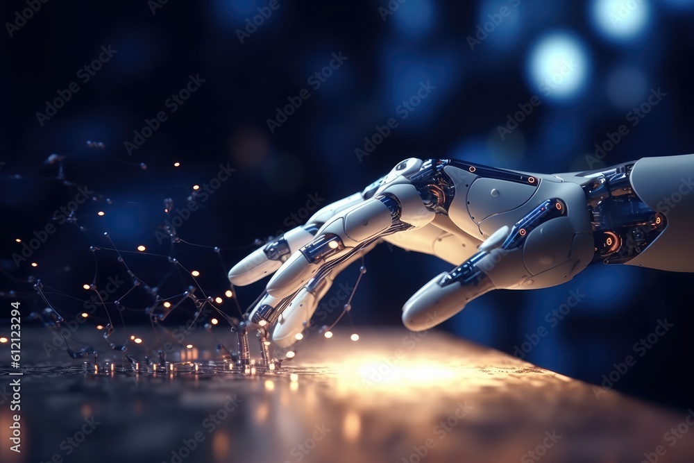 Poster artificial intelligence robotic hand touching futuristic big data. ai generative.