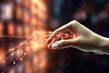 Artificial Intelligence robotic hand touching futuristic big data. AI generative.