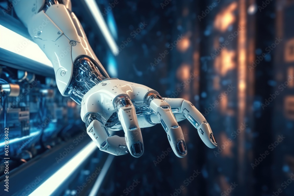 Poster artificial intelligence robotic hand touching futuristic big data. ai generative.