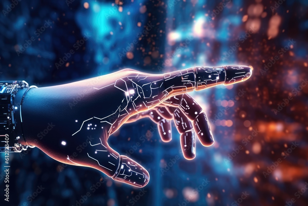 Poster artificial intelligence robotic hand touching futuristic big data. ai generative.