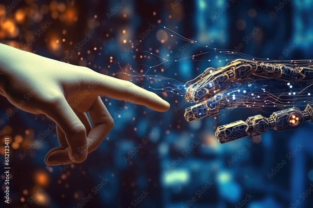 Poster artificial intelligence robotic hand touching futuristic big data. ai generative.