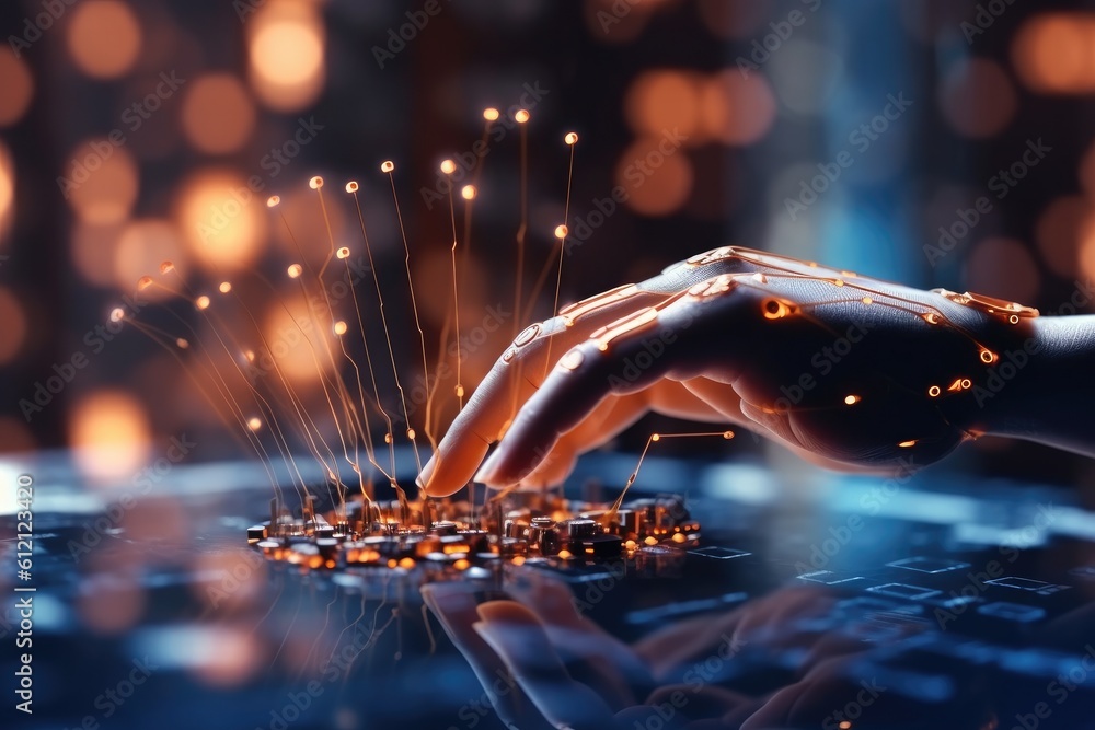 Poster artificial intelligence robotic hand touching futuristic big data. ai generative.