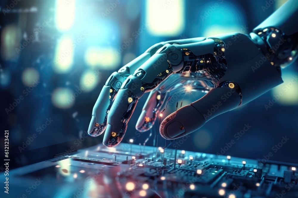 Poster artificial intelligence robotic hand touching futuristic big data. ai generative.