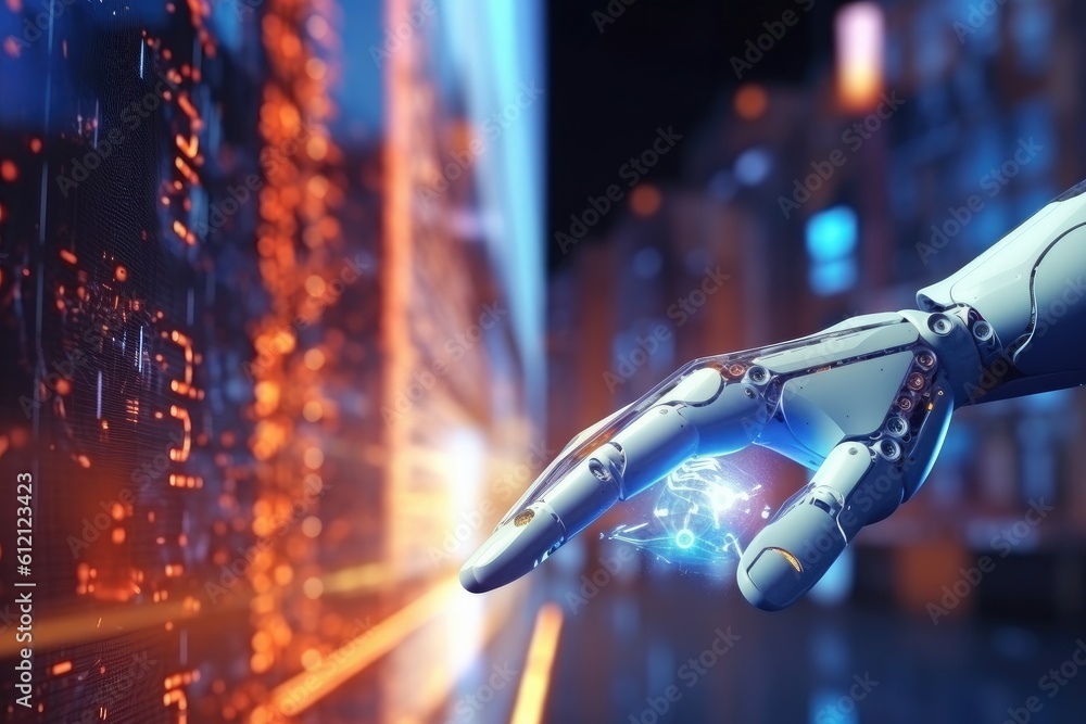 Poster artificial intelligence robotic hand touching futuristic big data. ai generative.