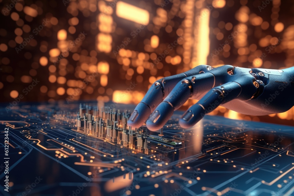 Poster artificial intelligence robotic hand touching futuristic big data. ai generative.