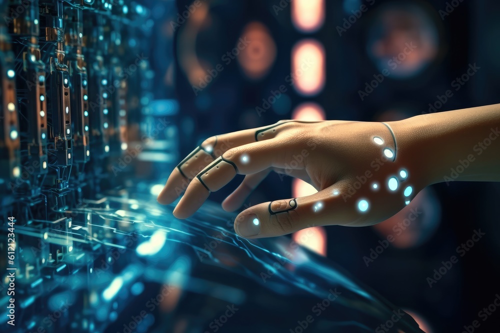 Poster artificial intelligence robotic hand touching futuristic big data. ai generative.