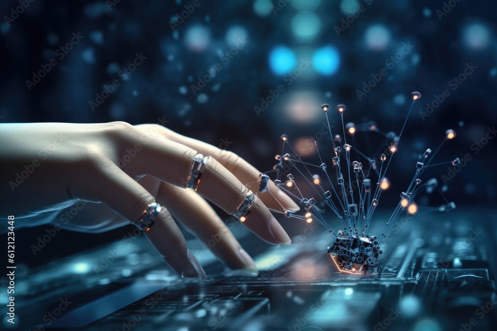 Poster artificial intelligence robotic hand touching futuristic big data. ai generative.