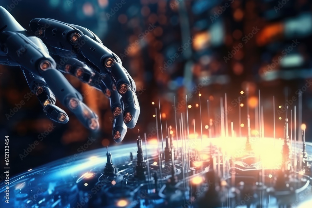 Poster artificial intelligence robotic hand touching futuristic big data. ai generative.