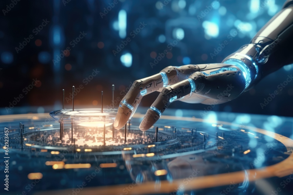 Poster artificial intelligence robotic hand touching futuristic big data. ai generative.