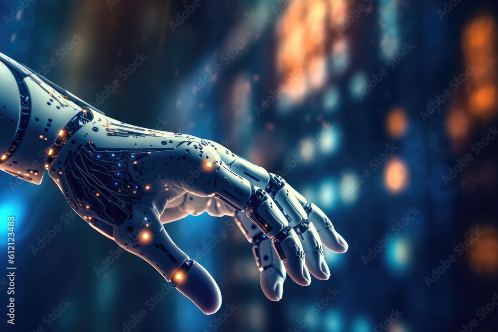 Poster artificial intelligence robotic hand touching futuristic big data. ai generative.