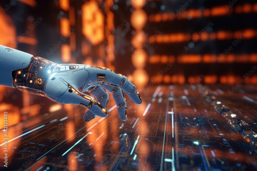 Poster artificial intelligence robotic hand touching futuristic big data. ai generative.