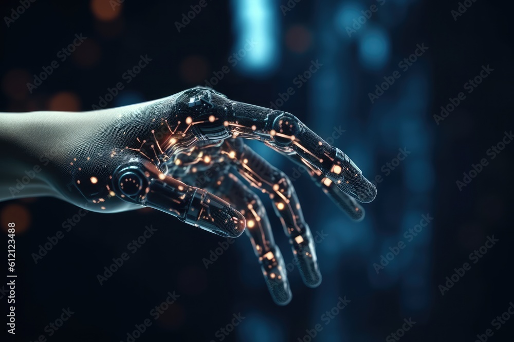 Poster artificial intelligence robotic hand touching futuristic big data. ai generative.