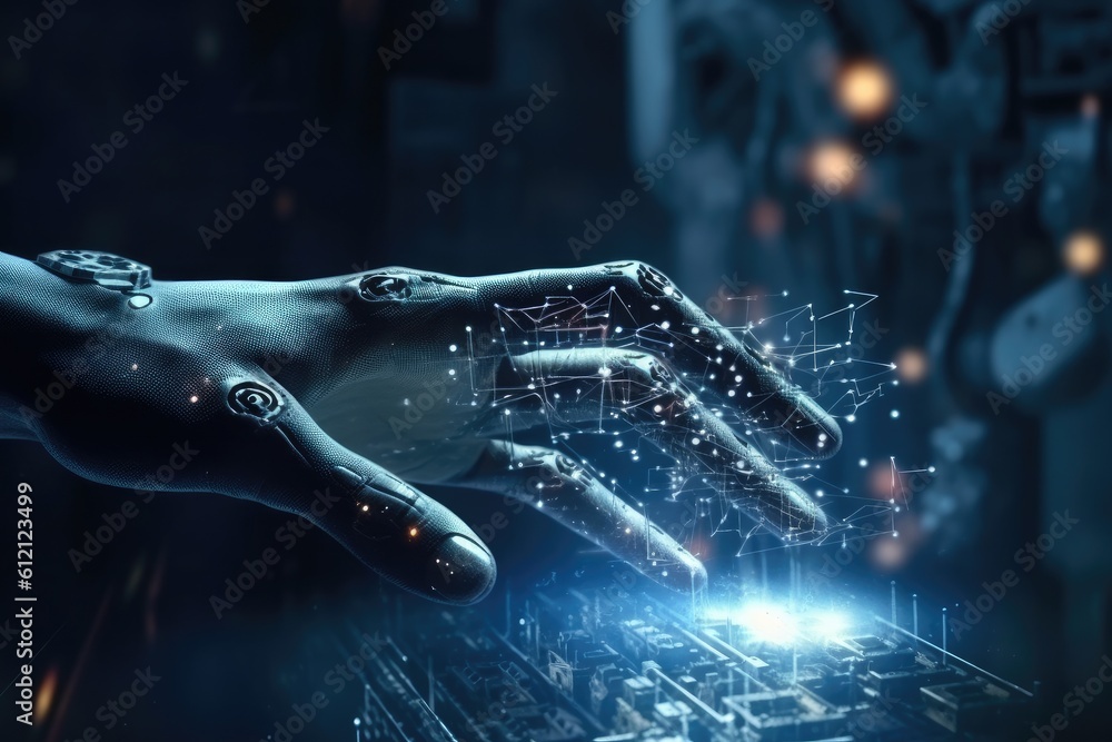 Poster artificial intelligence robotic hand touching futuristic big data. ai generative.