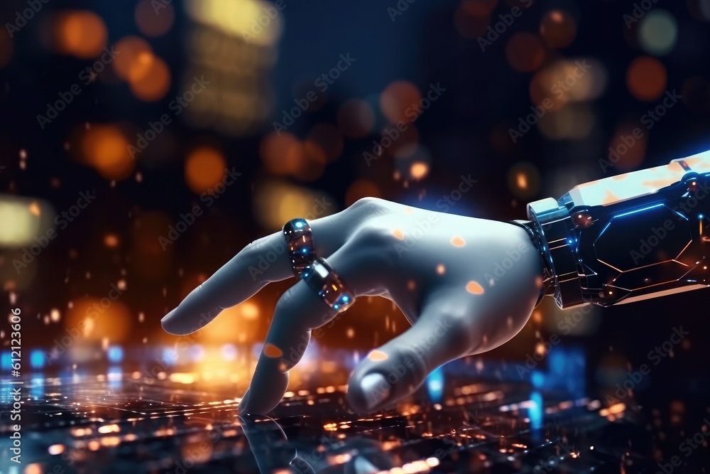 Poster artificial intelligence robotic hand touching futuristic big data. ai generative.