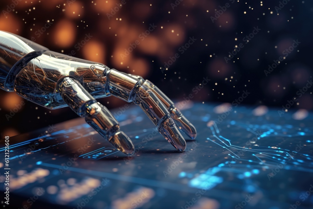 Poster artificial intelligence robotic hand touching futuristic big data. ai generative.