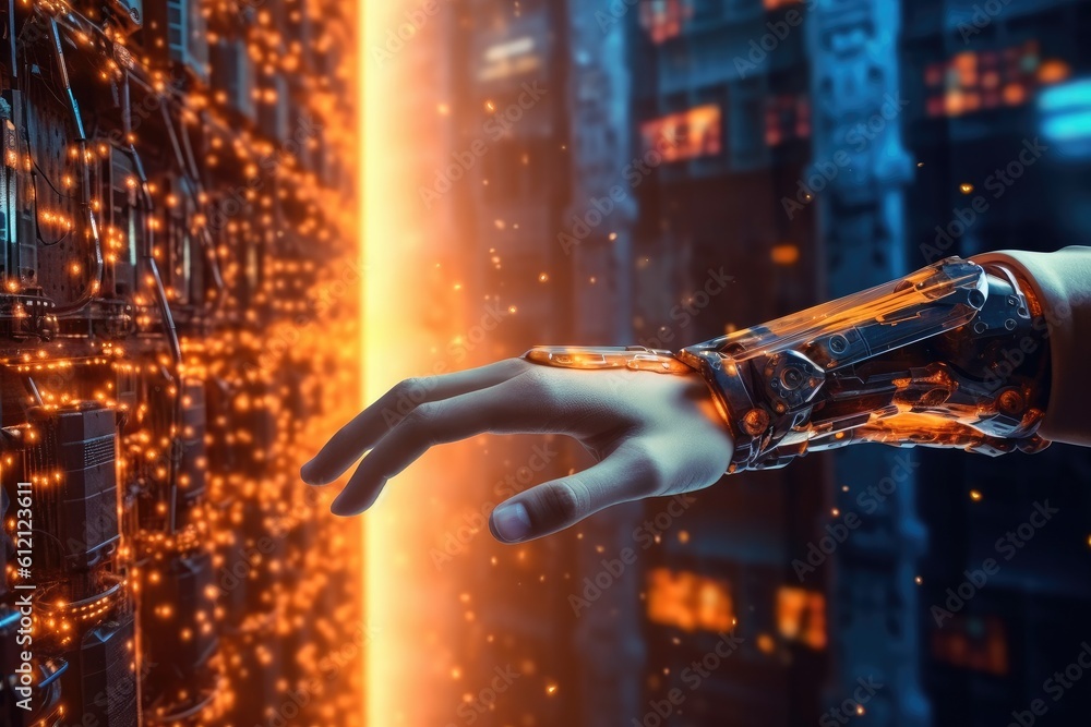 Poster artificial intelligence robotic hand touching futuristic big data. ai generative.