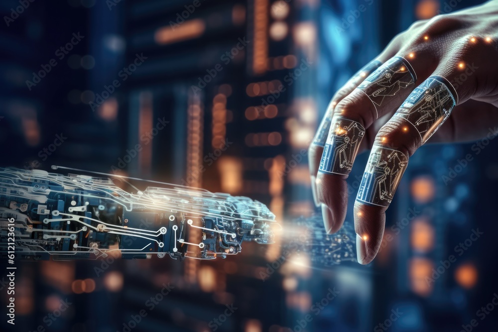 Poster artificial intelligence robotic hand touching futuristic big data. ai generative.