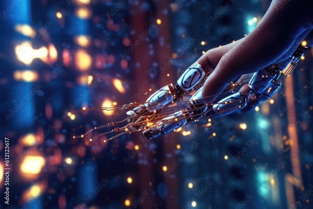 Poster artificial intelligence robotic hand touching futuristic big data. ai generative.