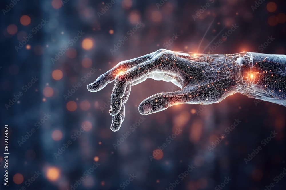 Poster artificial intelligence robotic hand touching futuristic big data. ai generative.