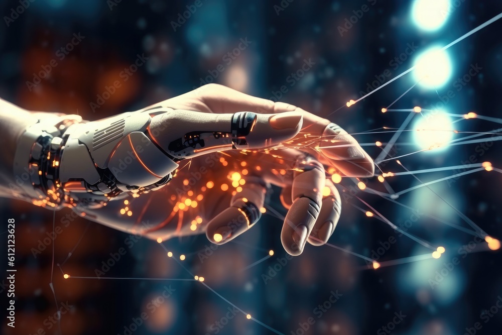 Aufkleber artificial intelligence robotic hand touching futuristic big data. ai generative.
