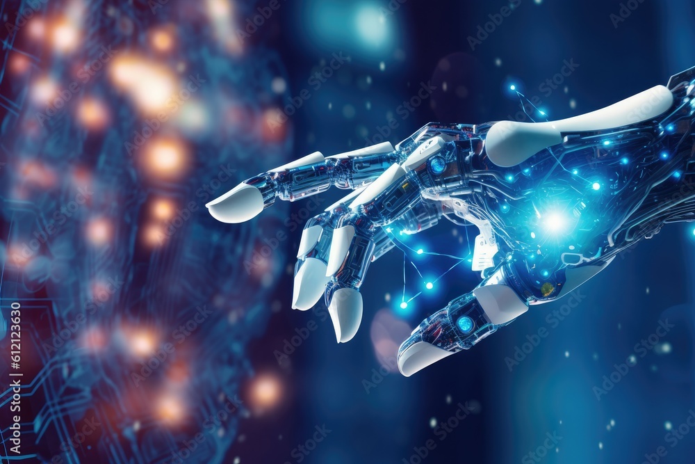 Poster artificial intelligence robotic hand touching futuristic big data. ai generative.