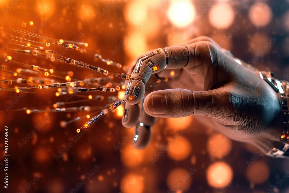 Poster artificial intelligence robotic hand touching futuristic big data. ai generative.