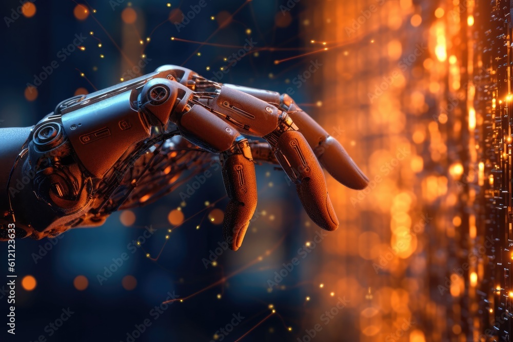 Poster artificial intelligence robotic hand touching futuristic big data. ai generative.