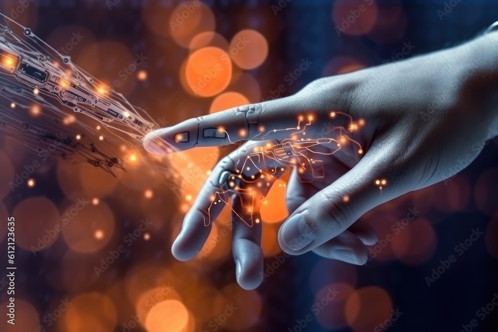 Poster artificial intelligence robotic hand touching futuristic big data. ai generative.
