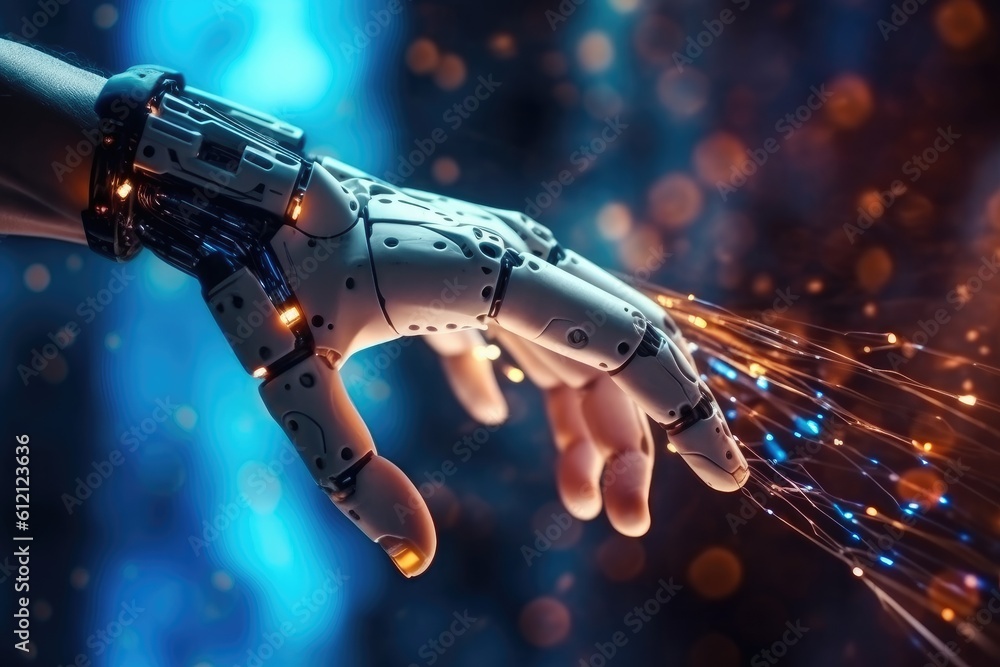 Poster artificial intelligence robotic hand touching futuristic big data. ai generative.