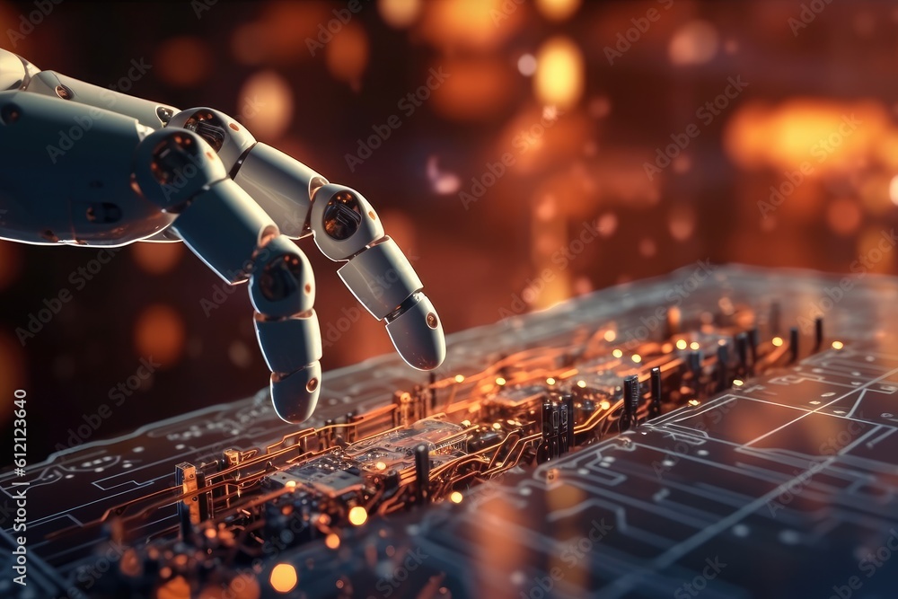 Poster artificial intelligence robotic hand touching futuristic big data. ai generative.
