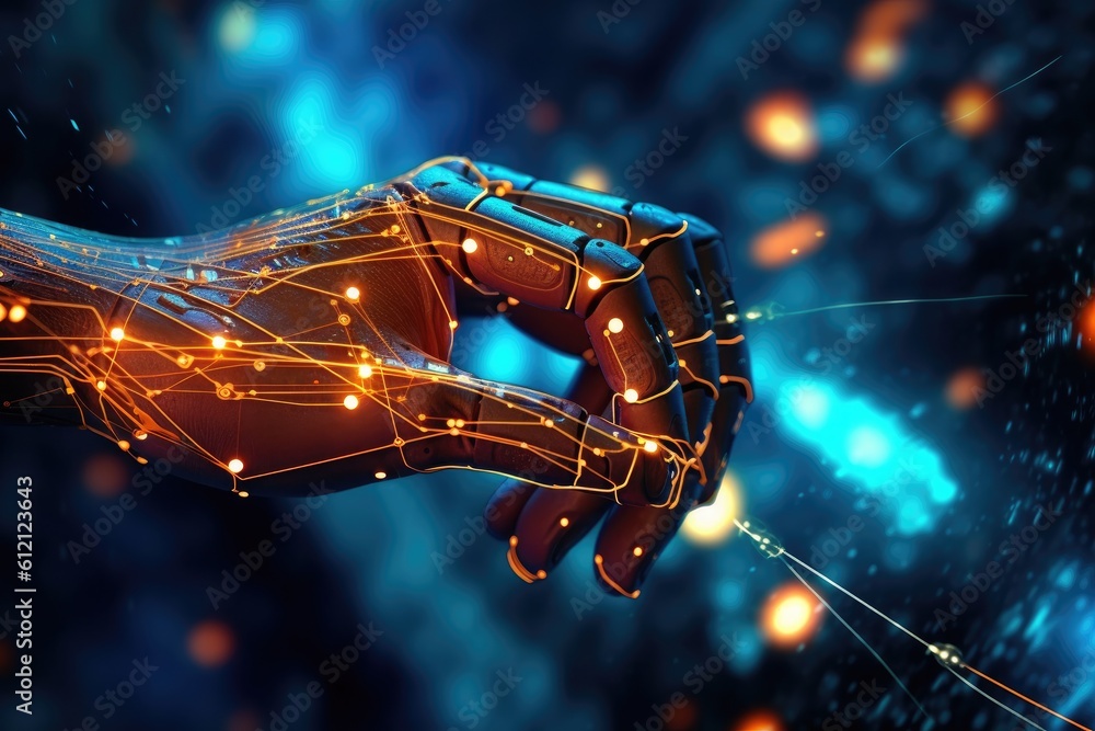 Poster artificial intelligence robotic hand touching futuristic big data. ai generative.