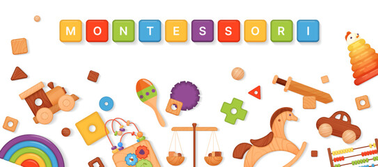 Montessori banner design template, Montessori text on rainbow cubes and wooden logic toys for preschool kids vector illustration. 3D isolated pedagogic materials and letters for toddlers game