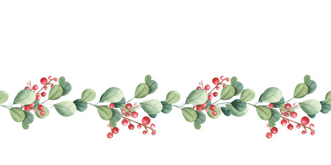 Watercolro seamless border of green leaves and red berries. hand drawn illustration isolated on white background. Perfect for cards, ornament, books, decorative elements, wallpaper