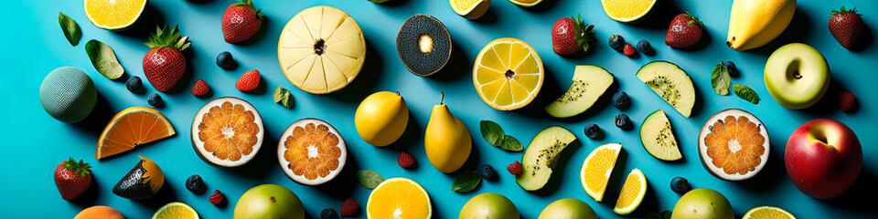 Long background composed of many different exotic fruits on a turquoise table. Generative AI