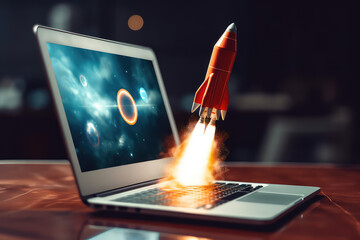 Little Rocket flies upwards out of the laptop screen. Creative concept of innovation, computer technology development, programming and business startup. Generative AI.