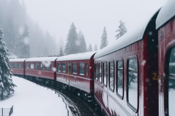red train journeying through a winter wonderland forest. Generative AI