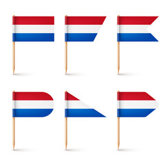 Realistic various Dutch toothpick flags. Souvenir from Netherlands. Wooden toothpicks with paper flag. Location mark, map pointer. Blank mockup for advertising and promotions. Vector illustration